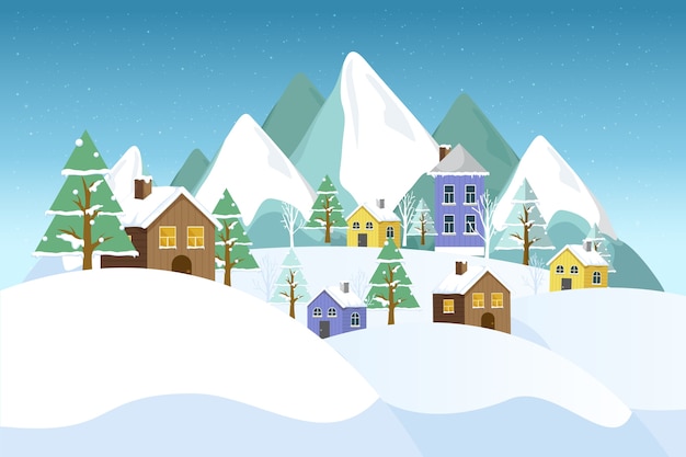 Flat design winter landscape with different houses