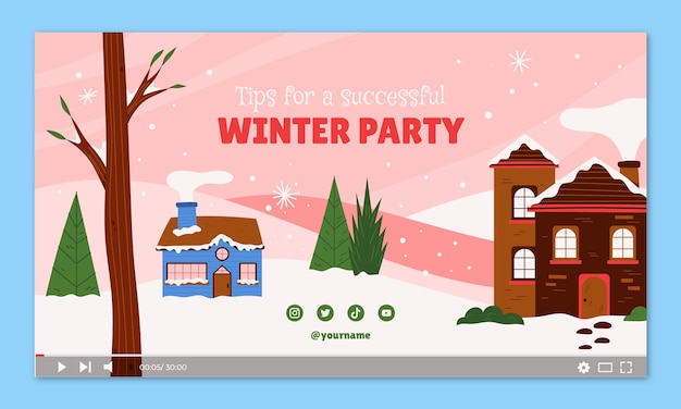 Бесплатное векторное изображение Шаблон миниатюры youtube для зимней вечеринки в плоском дизайне