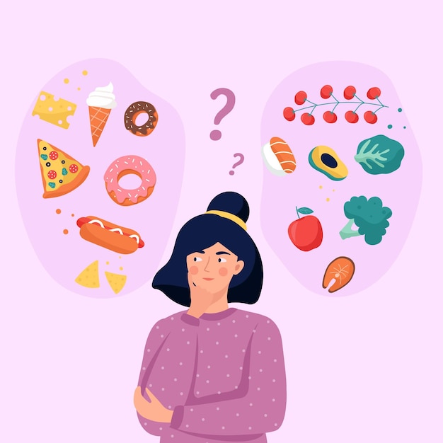 Плоский дизайн женщина, выбирая между здоровой или нездоровой пищи иллюстрации