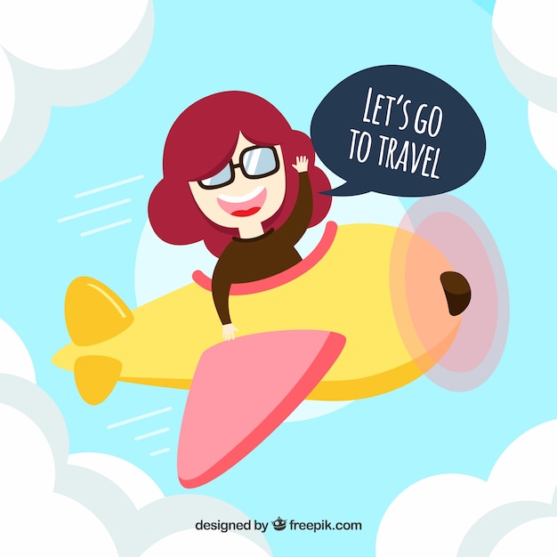 Flat design woman travelling by plane background