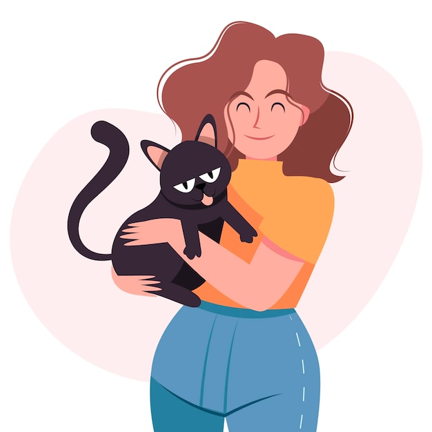 Flat design woman with cute cat