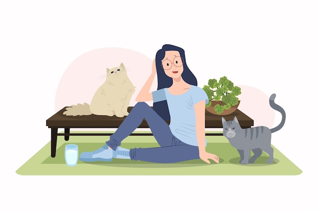 Flat design woman with cute cats