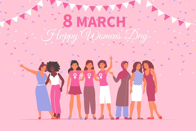 Flat design womens day 8 march card with happy female characters