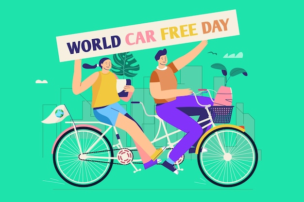 Бесплатное векторное изображение Плоский дизайн мир автомобиля свободный день фон с женщиной и мужчиной