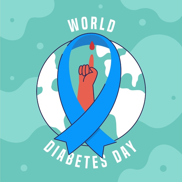 Flat design world diabetes day illustration with blue ribbon