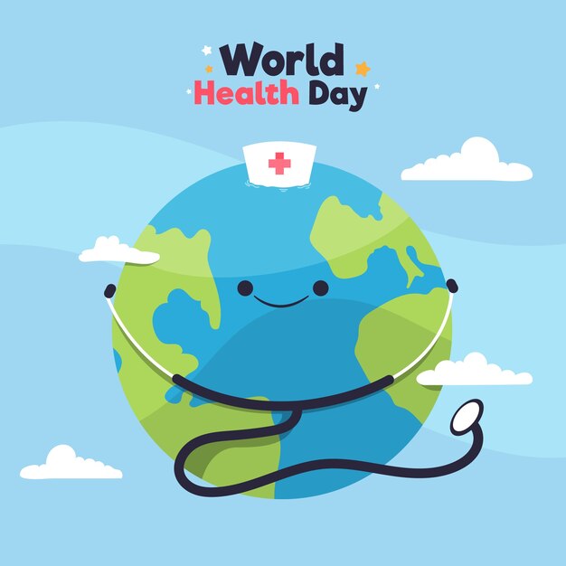 Flat design world health day with planet and stethoscope