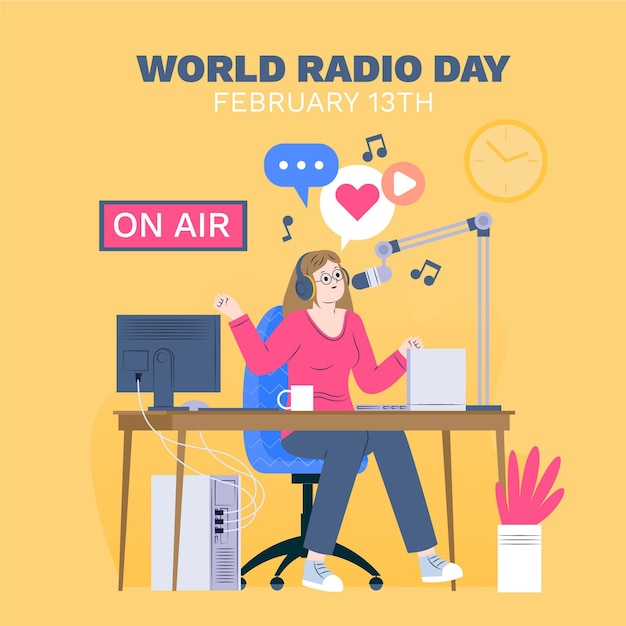 Free vector flat design world radio day background with woman