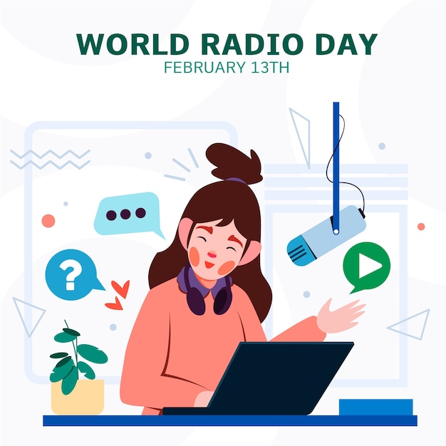Flat design world radio day online podcast