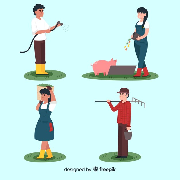 Flat design young characters working in agricultural fields