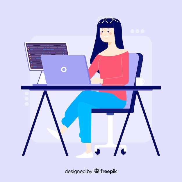 Free vector flat design young girl programmer working