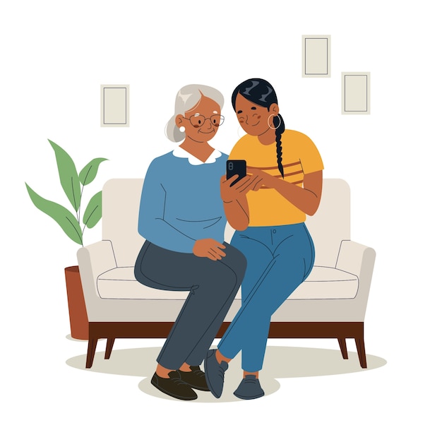 Free vector flat design young people helping the elderly illustration