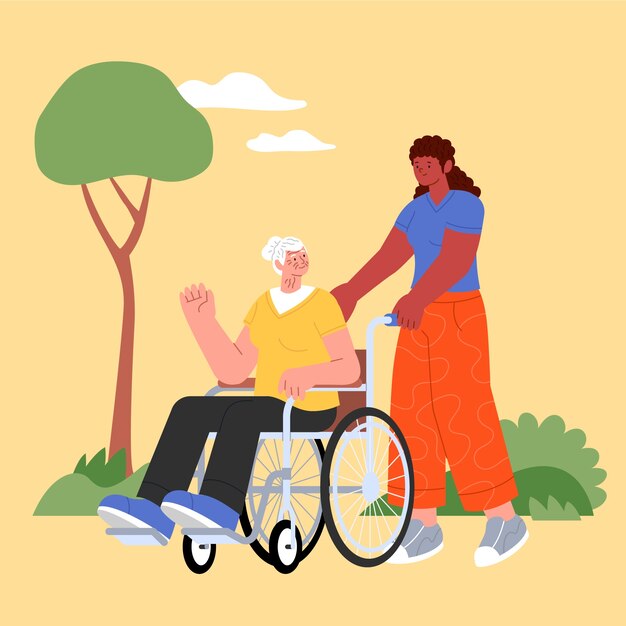 flat design young people helping the elderly illustration
