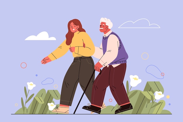 Free Vector flat design young people helping the elderly illustration