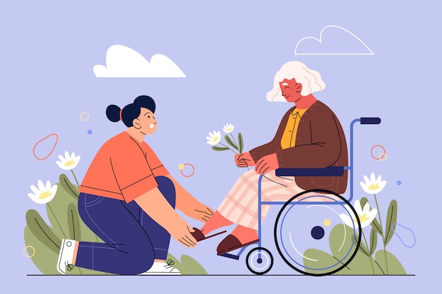 Free vector flat design young people helping the elderly illustration