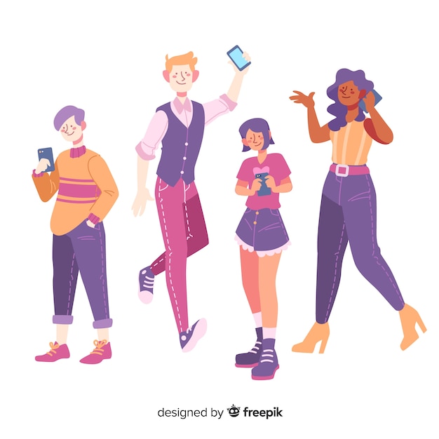 Free vector flat design young people holding smartphones