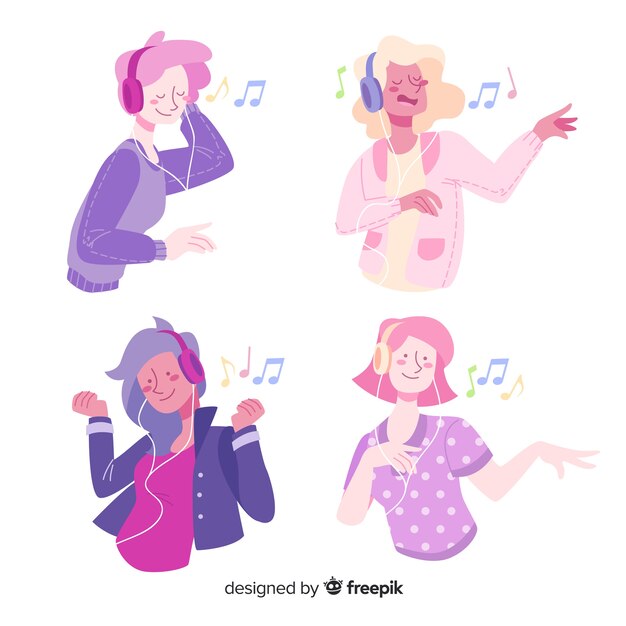 Flat design young people listening to music