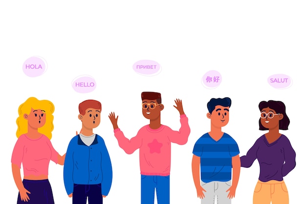 Flat design young people talking in different languages collection