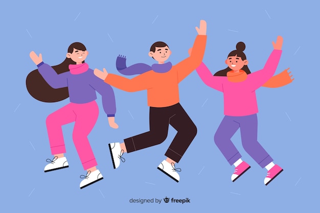 Flat design young people wearing winter clothes jumping flat designyoung people wearing winter clothes jumping