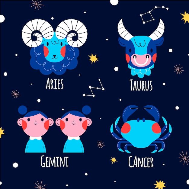 Vettore gratuito collezione di segni zodiacali dal design piatto