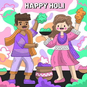 Holi 축제 그림을 축하하는 평면 상세한 사람들