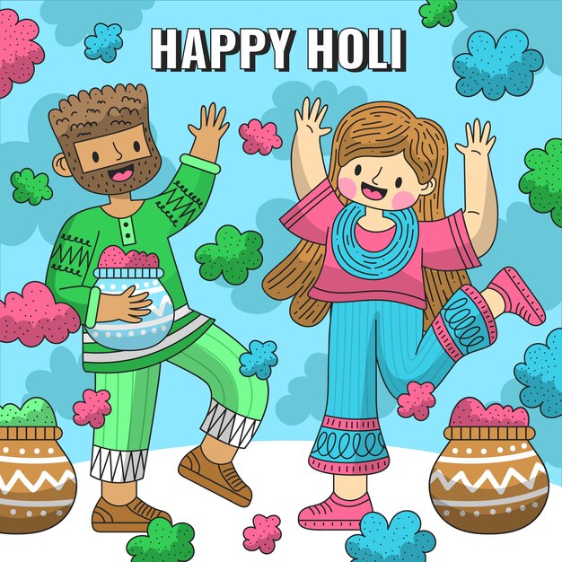 Flat detailed people celebrating holi festival illustration