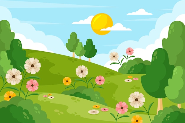 Бесплатное векторное изображение Плоский подробный весенний пейзаж