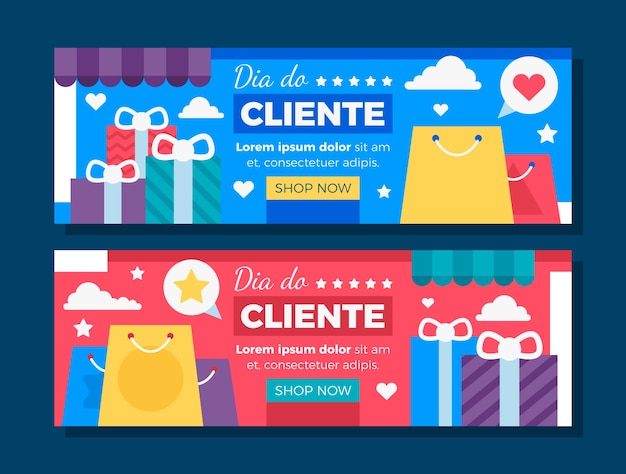 Flat dia do cliente horizontal banners set