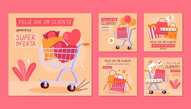 Free vector flat dia do cliente instagram posts collection