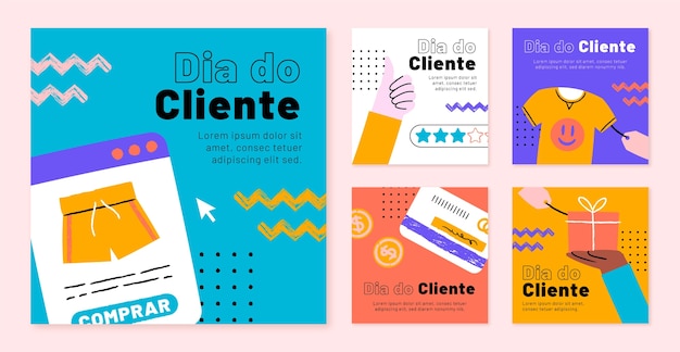 Free vector flat dia do cliente instagram posts collection