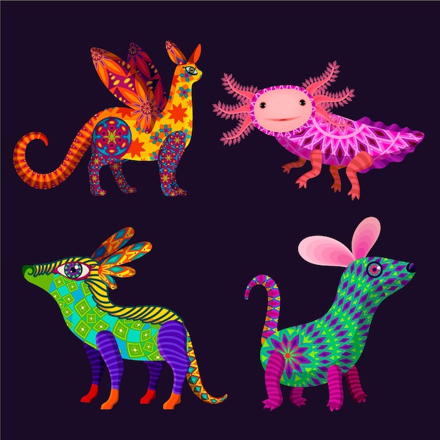 Плоская коллекция dia de muertos alebrijes