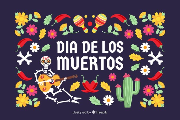 Flat día de muertos background with cacti and flowers