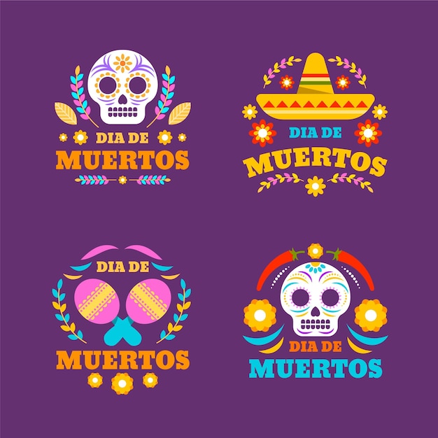 Vettore gratuito collezione di distintivi piatti dia de muertos