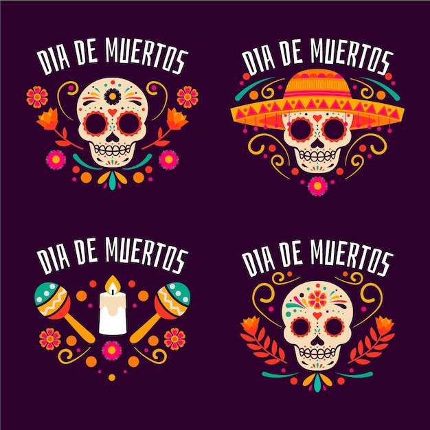 Плоская коллекция значков dia de muertos