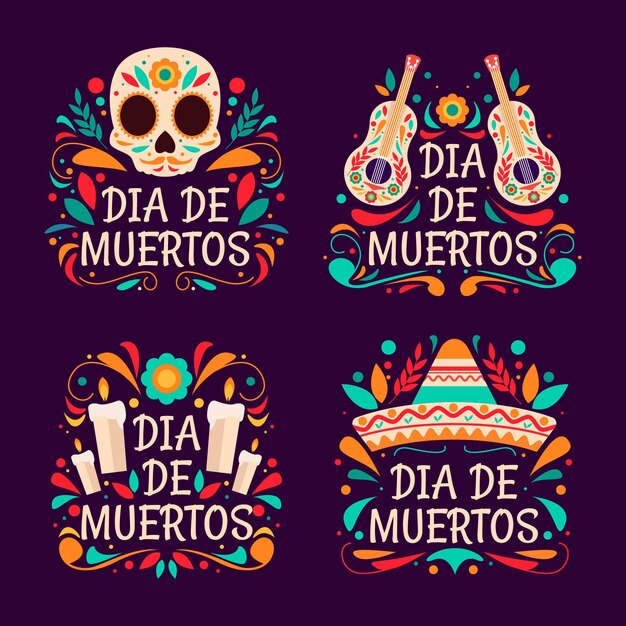 Flat dia de muertos badges collection