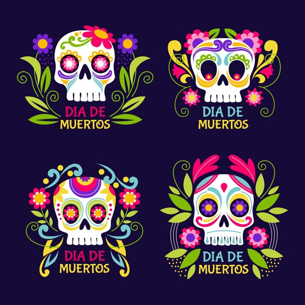 Плоская коллекция значков dia de muertos