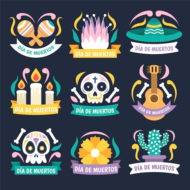 Flat dia de muertos badges collection