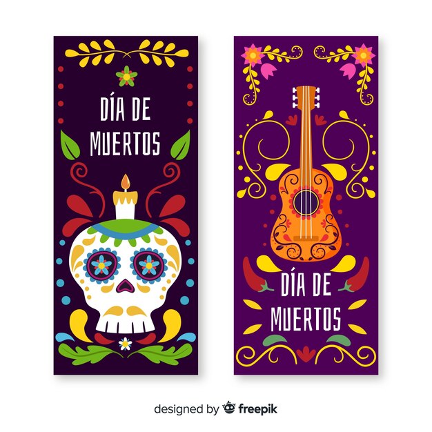 Flat día de muertos banners with guitar and skull