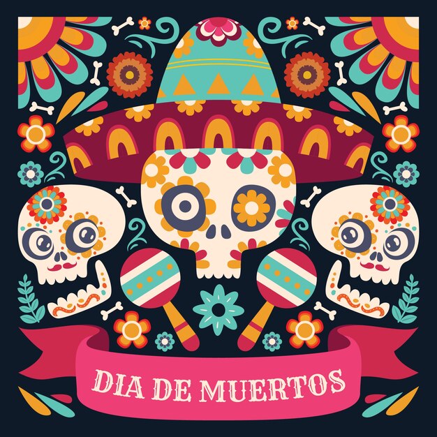 flat dia de muertos celebration illustration