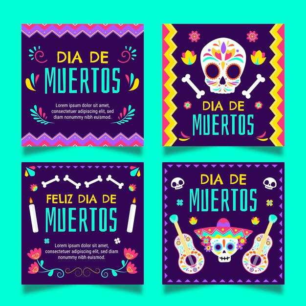 Vettore gratuito collezione di post instagram per la celebrazione del dia de muertos piatto