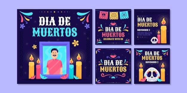 Плоский dia de muertos празднует коллекцию постов в instagram