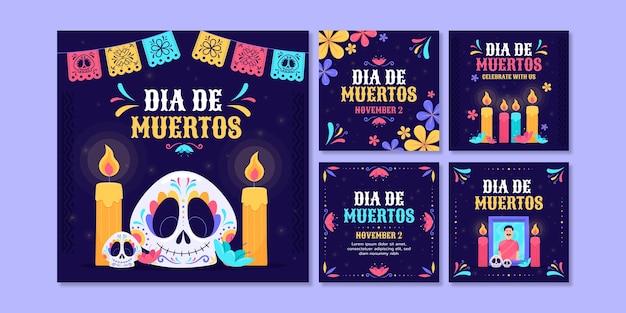 Flat dia de muertos celebration instagram posts collection