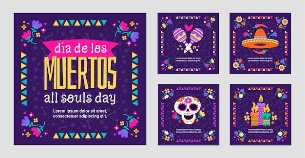 Flat dia de muertos celebration instagram posts collection