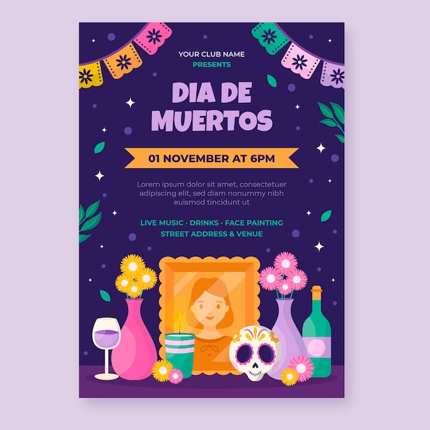 Vettore gratuito modello di poster verticale per la celebrazione del dia de muertos piatto