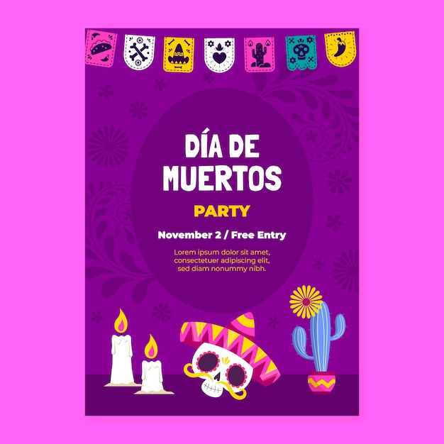 Vettore gratuito modello di poster verticale per la celebrazione del dia de muertos piatto