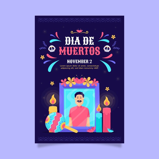 Flat dia de muertos celebration vertical poster template