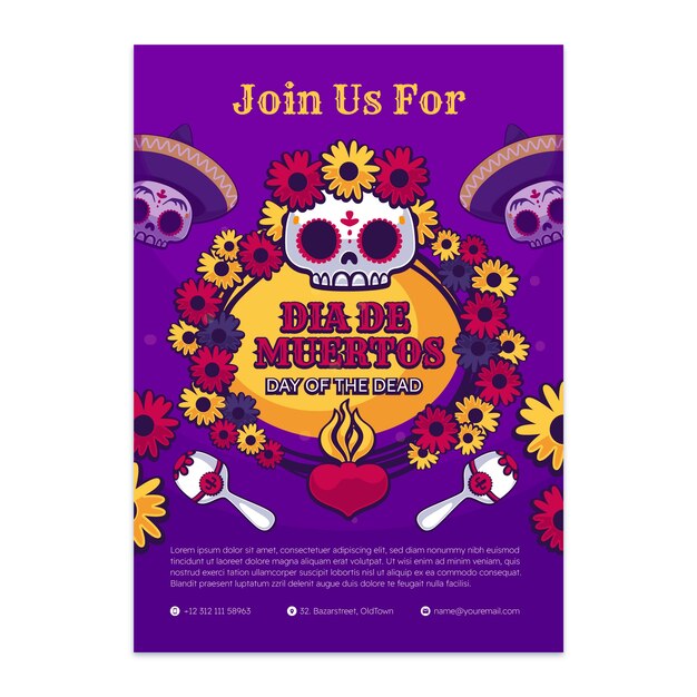 Flat dia de muertos celebration vertical poster template