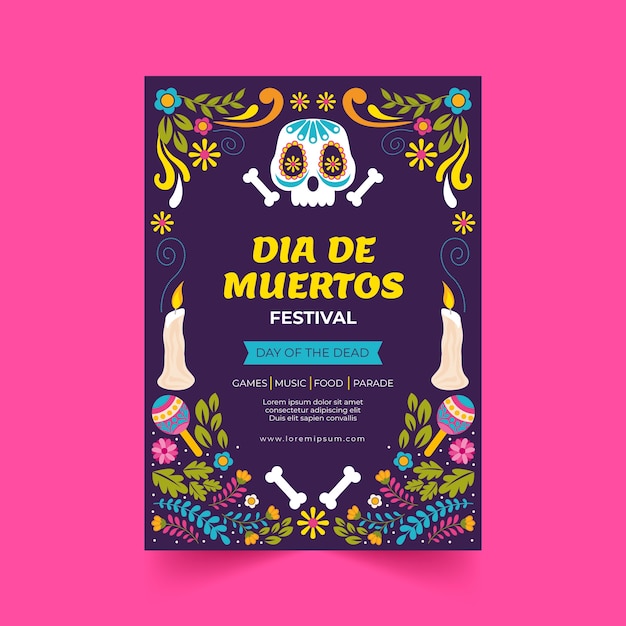 Modello di poster verticale per la celebrazione del dia de muertos piatto