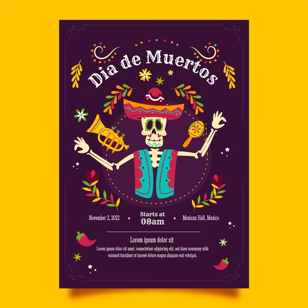 Flat dia de muertos celebration vertical poster template
