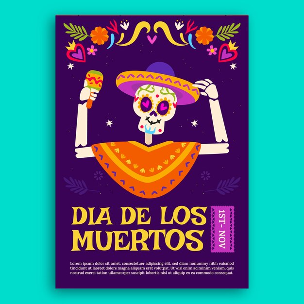 Vettore gratuito modello di poster verticale per la celebrazione del dia de muertos piatto