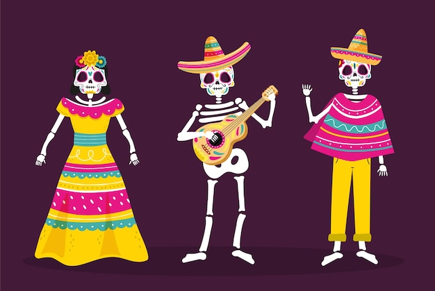 Flat dia de muertos character elements collection